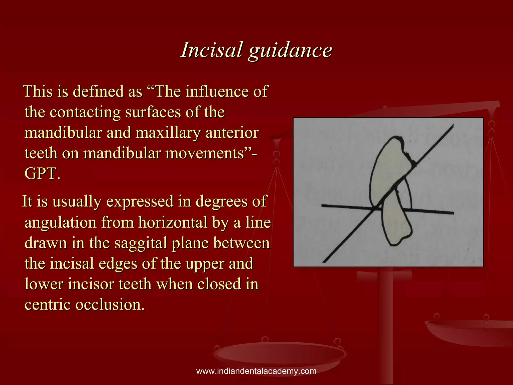 Incisal guidanceIncisal guidance
This is defined as “The influence ofThis is defined as “The influence of
the contacting surfaces of thethe contacting surfaces of the
mandibular and maxillary anteriormandibular and maxillary anterior
teeth on mandibular movements”-teeth on mandibular movements”-
GPT.GPT.
It is usually expressed in degrees ofIt is usually expressed in degrees of
angulation from horizontal by a lineangulation from horizontal by a line
drawn in the saggital plane betweendrawn in the saggital plane between
the incisal edges of the upper andthe incisal edges of the upper and
lower incisor teeth when closed inlower incisor teeth when closed in
centric occlusion.centric occlusion.
www.indiandentalacademy.com
 