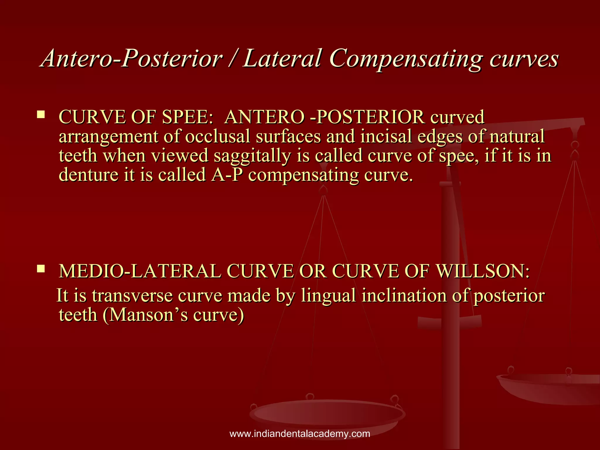 Antero-Posterior / Lateral Compensating curvesAntero-Posterior / Lateral Compensating curves
 CURVE OF SPEE: ANTERO -POSTERIOR curvedCURVE OF SPEE: ANTERO -POSTERIOR curved
arrangement of occlusal surfaces and incisal edges of naturalarrangement of occlusal surfaces and incisal edges of natural
teeth when viewed saggitally is called curve of spee, if it is inteeth when viewed saggitally is called curve of spee, if it is in
denture it is called A-P compensating curve.denture it is called A-P compensating curve.
 MEDIO-LATERAL CURVE OR CURVE OF WILLSON:MEDIO-LATERAL CURVE OR CURVE OF WILLSON:
It is transverse curve made by lingual inclination of posteriorIt is transverse curve made by lingual inclination of posterior
teeth (Manson’s curve)teeth (Manson’s curve)
www.indiandentalacademy.com
 
