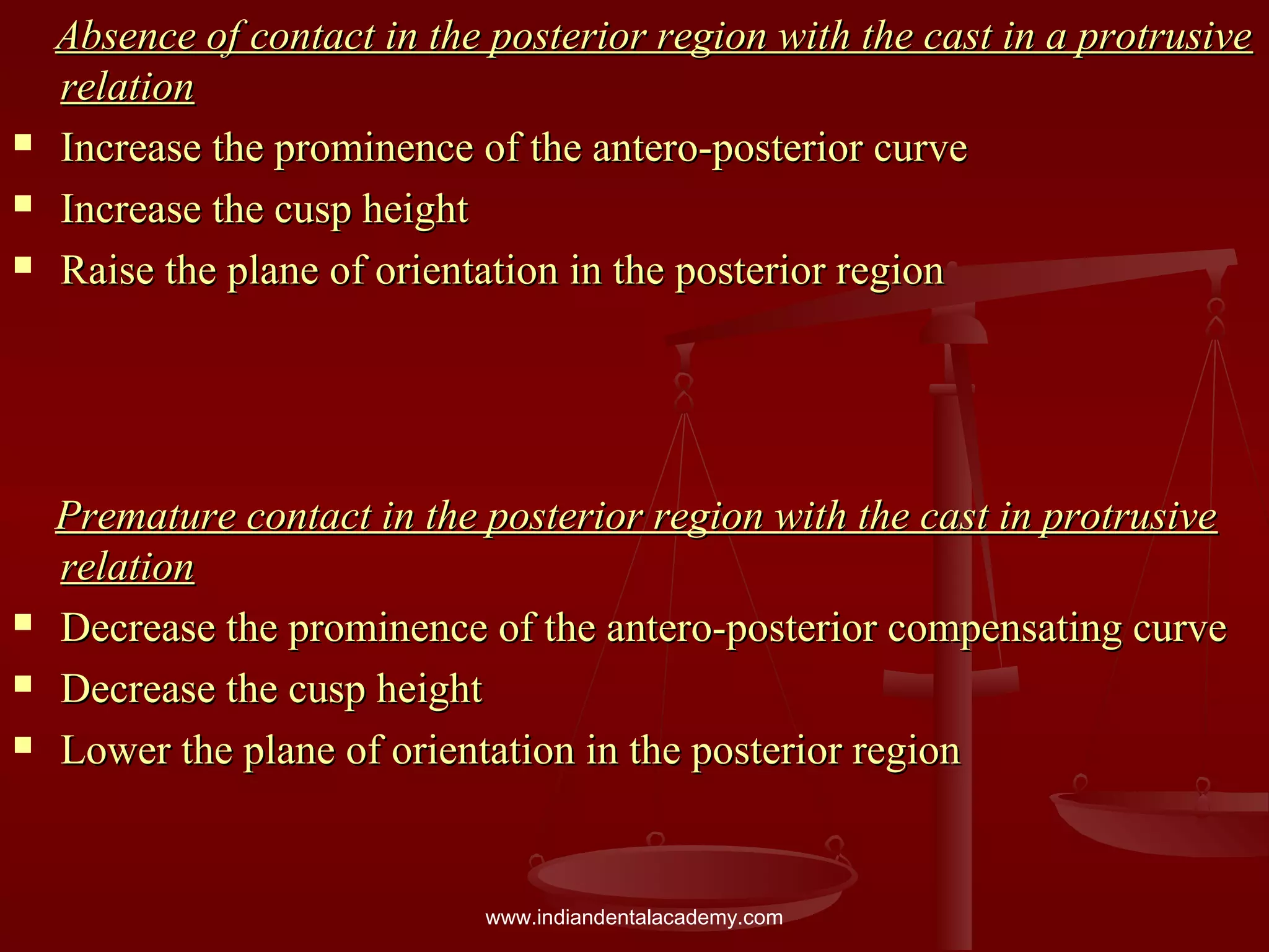 Absence of contact in the posterior region with the cast in a protrusiveAbsence of contact in the posterior region with the cast in a protrusive
relationrelation
 Increase the prominence of the antero-posterior curveIncrease the prominence of the antero-posterior curve
 Increase the cusp heightIncrease the cusp height
 Raise the plane of orientation in the posterior regionRaise the plane of orientation in the posterior region
Premature contact in the posterior region with the cast in protrusivePremature contact in the posterior region with the cast in protrusive
relationrelation
 Decrease the prominence of the antero-posterior compensating curveDecrease the prominence of the antero-posterior compensating curve
 Decrease the cusp heightDecrease the cusp height
 Lower the plane of orientation in the posterior regionLower the plane of orientation in the posterior region
www.indiandentalacademy.com
 