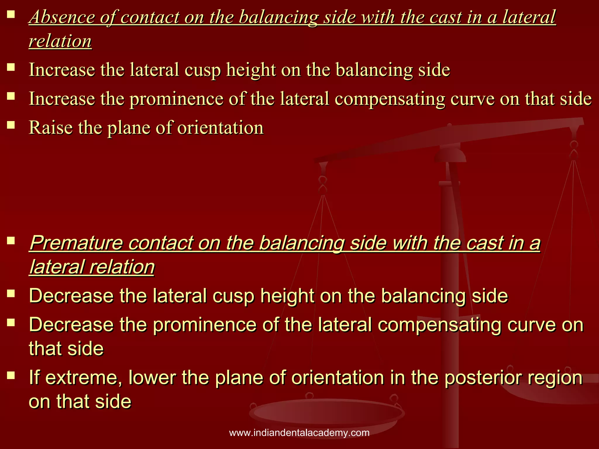  Absence of contact on the balancing side with the cast in a lateralAbsence of contact on the balancing side with the cast in a lateral
relationrelation
 Increase the lateral cusp height on the balancing sideIncrease the lateral cusp height on the balancing side
 Increase the prominence of the lateral compensating curve on that sideIncrease the prominence of the lateral compensating curve on that side
 Raise the plane of orientationRaise the plane of orientation
 Premature contact on the balancing side with the cast in aPremature contact on the balancing side with the cast in a
lateral relationlateral relation
 Decrease the lateral cusp height on the balancing sideDecrease the lateral cusp height on the balancing side
 Decrease the prominence of the lateral compensating curve onDecrease the prominence of the lateral compensating curve on
that sidethat side
 If extreme, lower the plane of orientation in the posterior regionIf extreme, lower the plane of orientation in the posterior region
on that sideon that side
www.indiandentalacademy.com
 