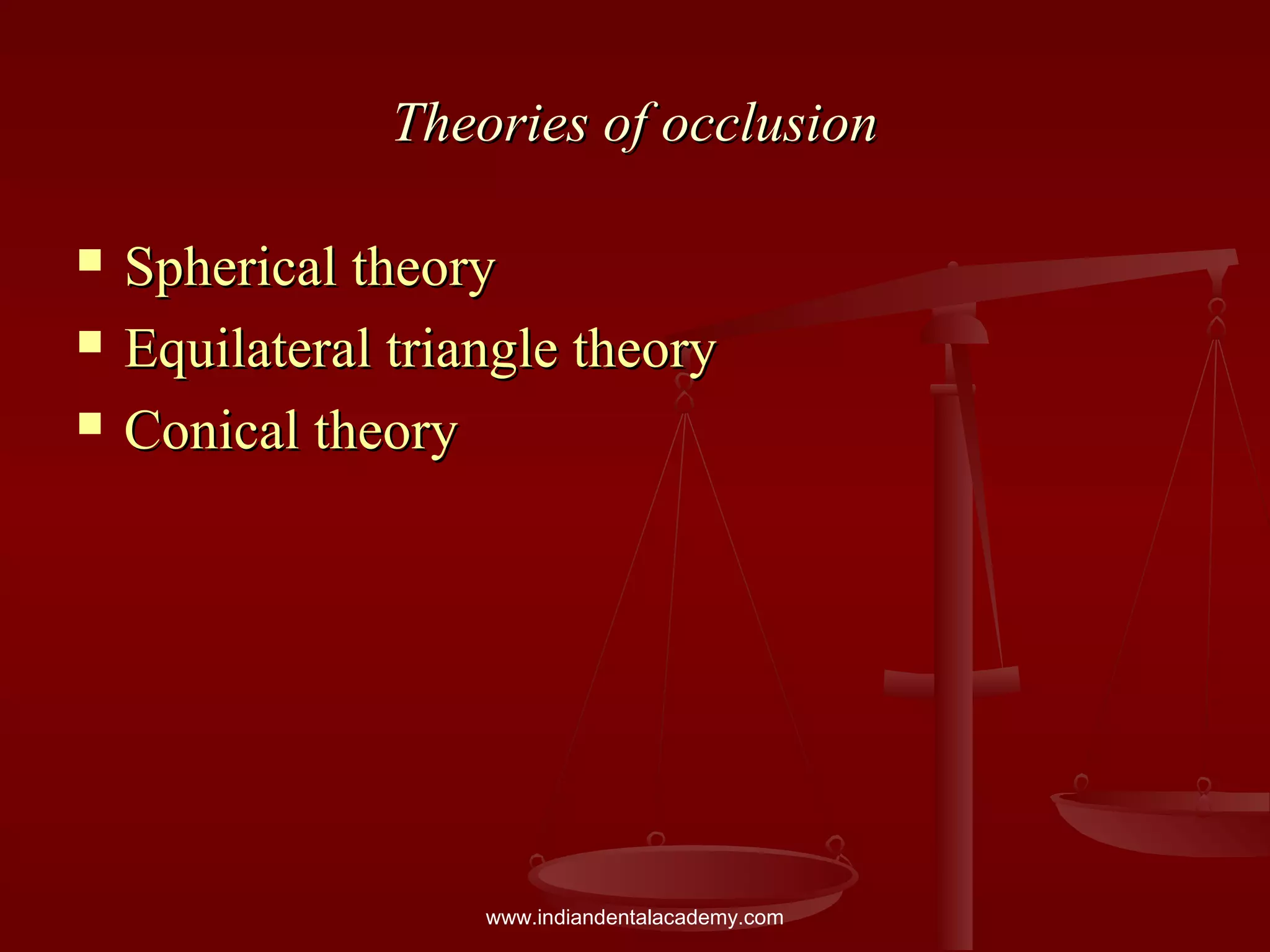 Theories of occlusionTheories of occlusion
 Spherical theorySpherical theory
 Equilateral triangle theoryEquilateral triangle theory
 Conical theoryConical theory
www.indiandentalacademy.com
 