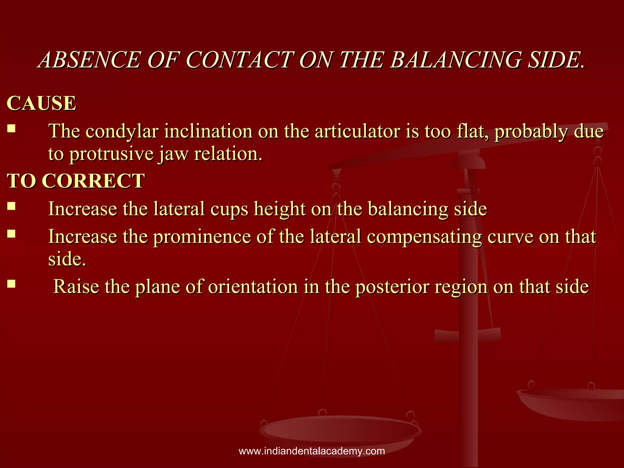 ABSENCE OF CONTACT ON THE BALANCING SIDE.ABSENCE OF CONTACT ON THE BALANCING SIDE.
CAUSECAUSE
 The condylar inclination on the articulator is too flat, probably dueThe condylar inclination on the articulator is too flat, probably due
to protrusive jaw relation.to protrusive jaw relation.
TO CORRECTTO CORRECT
 Increase the lateral cups height on the balancing sideIncrease the lateral cups height on the balancing side
 Increase the prominence of the lateral compensating curve on thatIncrease the prominence of the lateral compensating curve on that
side.side.
 Raise the plane of orientation in the posterior region on that sideRaise the plane of orientation in the posterior region on that side
www.indiandentalacademy.com
 