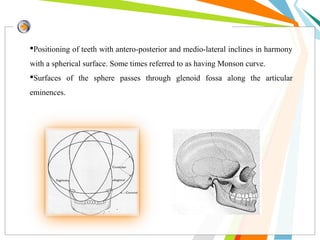 Positioning of teeth with antero-posterior and medio-lateral inclines in harmony
with a spherical surface. Some times referred to as having Monson curve.
Surfaces of the sphere passes through glenoid fossa along the articular
eminences.
 