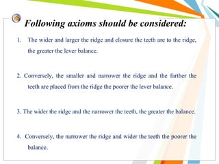 Following axioms should be considered:
1. The wider and larger the ridge and closure the teeth are to the ridge,
the greater the lever balance.
2. Conversely, the smaller and narrower the ridge and the farther the
teeth are placed from the ridge the poorer the lever balance.
3. The wider the ridge and the narrower the teeth, the greater the balance.
4. Conversely, the narrower the ridge and wider the teeth the poorer the
balance.
 