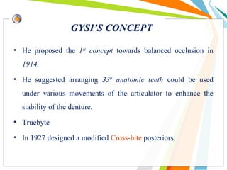 GYSI’S CONCEPT
• He proposed the 1st
concept towards balanced occlusion in
1914.
• He suggested arranging 330
anatomic teeth could be used
under various movements of the articulator to enhance the
stability of the denture.
• Truebyte
• In 1927 designed a modified Cross-bite posteriors.
 