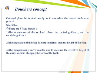 Occlusal plane be located exactly as it was when the natural teeth were
present.
States that:
There are 3 fixed factors :
1)The orientation of the occlusal plane, the incisal guidance, and the
condylar guidance.
2)The angulation of the cusp is more important than the height of the cusp.
3)The compensating curve enables one to increase the effective height of
the cusps without changing the form of the teeth.
Bouchers concept
 