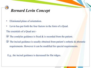 Bernard Levin Concept
• Eliminated plane of orientation.
• Levin has put forth the four factors in the form of a Quad.
The essentials of a Quad are:-
 The condylar guidance is fixed & is recorded from the patient.
 The incisal guidance is usually obtained from patient’s esthetic & phonetic
requirements. However it can be modified for special requirements.
E.g., the incisal guidance is decreased for flat ridges.
 