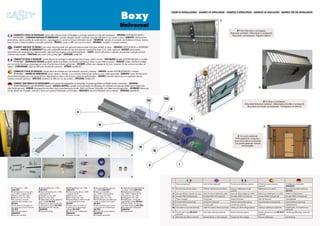 Boxy
                                                                                                                                                                                                              ESEMPI DI INSTALLAZIONE - EXAMPLE OF APPLICATION - EXEMPLES D’APPLICATION - EJEMPLOS DE APLICACIÓN - Beispiele für die Installation


                                                                                                                                                                                                                                                                                        A

                                                                                                                                                       Universal
                                                                                                                                                                                                                                                                                                         A Porta bilanciata a contrappesi
                                                                                                                                                                                                                                                                                                  Balanced overhead - Débordante à contrepoids
       COMPATTO E FACILE DA INSTALLARE: grazie alla robusta piastra di fissaggio e prolunga optional e ai tubi già predisposti. - VERSATILE: AUTOBLOCCANTE o                                                                                                                                        Basculante contrapesada - Kipptore debord
       REVERSIBILE. - COMANDO MANUALE DI EMERGENZA: comoda maniglia rapida e optional comando dall’esterno con chiave o cavo. - ROBUSTO: lubrificazione
permanente, motore protetto da sonda termica, ingranaggeria in acciaio e bronzo e leverismi zincati. - SICUREZZA: centrale di comando con limitatore di forza, reverse,
timer di ciclo e Finecorsa elettrici e encoder opzionali. - PRATICO: carter in ABS con Luce di cortesia. - OPTIONAL: modello in corrente continua.

        COMPACT AND EASY TO INSTALL: one robust mounting plate with optional extension-plate and pipes already in place. - VERSATILE: self-locking or reversible
        model. - MANUAL OF EMERGENCY: fast and comfortable handle with key and external command by lever or by cable -optionals - RUGGED: permanently
lubricated motor protected by a thermal probe, steel and bronze gears and galvanized levers. - SAFETY: control with power’s adjuster, reverse,timer and optional limit
switches and encoder. - PRACTICAL: abs cover with courtesy light. - OPTIONAL: model DC.

       COMPACT ET FACILE À INSTALLER: robuste plaque de montage et rallonge optional et tuyaux prêts à monter. - POLYVALENT: modèle autobloquant ou modèle
       réversible. - DEPANNAGE MANUEL: poignée rapide et pratique, commandes externes par levier ou par câble en option. - ROBUSTE: moteur lubrifié et protégé
par une sonde thermique, engrenages en acier et en bronze et leviers galvanisés. - SECURITE: platine avec réglage de la force, inversion, fin de course et encodeur en
option. - CONFORTABLE: capot en ABS avec lumière de courtoisie. - OPTION: modèle DC.

       COMPACTO Y FACIL DE INSTALAR: robusta placa de montaje con una extensión opcional y tuberías. - VERSÁTIL: modelo autobloquante o modelo
       reversible. - MANDO DE EMERGENCIA: pomo rápido y cómodo, con comandos externos por palanca o por cable opcionales - Robusto: motor de lubricación
permanente protegido por una sonda térmica, engranajes en acero y de bronce y palancas galvanizadas. - SEGURO: centralita electronica con regulador de par,
reverse y encoder opcional. - PRÁCTICO: cobertura en ABS con luz de cortesía. - OPCIONAL: modelo DC.

       COMPACT UND EINFACH ZU INSTALLIEREN: eine robuste Montageplatte mit optionalen Erweiterungs-Platte und Pfeifen bereits vorhanden. - VIELSEITIG:
       Selbsthemmung oder reversible Modell. - MANUAL NOTFALL: schnelle und komfortable Handhabung mit Schlüssel und externen Befehl durch Hebel oder
über Kabel-optionals - robust: dauergeschmierte Motor durch eine thermische Sonde, Stahl und Bronze Zahnräder und Hebel verzinkt geschützt. - SICHERHEIT: Steuerung                                                                                                                                                                    B
mit der Macht der Einsteller, rückwärts, Timer und optional Endschalter und Encoder. - PRAKTISCH: abs mit Höflichkeit Licht zu decken. - Optional: Modell DC.



                                                                                                                                                                                                      VIII
                                                                                                                                                                                          VII                                                                                                                                                 B Snodata a contrappesi
                                                                                                                                                                                                                                                                                                                       Articulated balanced overhead - Débordante articulée à contrepoids
                                                                                                                                                                                                                                                                                                                           Basculante articulada contrapesada - Falt-kipptore mit debord
                                                                                                                                                                                                             IX
                                                                                               V

                                                                                                                                                                                                                                               X
  E
                                                                                                                          VI                                                                                                                                                                                                                  C



                                                                                                                                                                                                                                                                                                          C Con porta pedonale
                                                                                                                                                                                                                                                                                                        With pedestrian swing-door
                                                                                                                                                                                                                                                                                                       Avec porte piétons incorporée
                                                                                                                                                                                                                                                                                                       Con puerta peatonal incluida
                                                                                                                                                                                                                                                                                                              Mit Schlupftür
                                                                                                                                                                                IV
                                                                                                                                                                                                III
                                                                             A                             b                            C                            D




                                                                                                                                                                                           II                               I


                                        E                                                  F                                            G                           H


                                                                                                                                                                                                                  I     Finecorsa (optional)                Limit switches (optional)             Fin de course électrique (option)   Kit final de carrera electrico      Kit elektrische Endschalter
                                                                                                                                                                                                                                                                                                                                      (optional)                          KBS000A00
      A Prolunga mm. 1.000              A Extension-Plate mm. 1.000              A Rallonge-Plaque mm.1.000         A Placa de extensión opcional      A Optionalen Erweiterungs-Platte                                 Svincolo manuale per esterno
                                                                                                                                                                                                                  ii                                        Shaft for external manual release     Axe pour déblocage manuel           Desbloqueo para exterior            Baum Fur manuellen Auslösung
      LL383/ICO1                        LL383/ICO1                               LL383/ICO1                         mm.1.000 LL383/ICO1                mm. lang. 1.000 LL383/ICO1
                                                                                                                                                                                                                                                                                                  éxterieur                                                               BSC/BOX
      B Tubi telescopici con boccola    B Pipes with bushing mm. 2.000           B Tubes avec douille mm. 2000      B Tubos con casquillos             B Teleskoprohre mit Buchse.
      mm. 2.000 + supporti Ø 30         + bearing Ø 30                           + Supports Ø 30                    mm. 2.000 + Soporte Ø 30           Mm 2.000 + Medien Ø 30                                     iii   Leva per sblocco manuale con cavo   Lever for manual release by cable     Levier de déverouillage par câble   Palanca por desbloqueo con cable    Hebel Fur Kabel-System
      C Braccio dritto mm. 600          C Straight arm mm. 600                   C Bras droit mm. 600               C Brazo recto mm. 600              C Gerade Arm mm. 600                                       iv    Encoder ENE512/K(optional)          Encoder ENE512/K (optional)           Encodeur ENE512/K (option)          Encoder ENE512/K(optional)          Encoder ENE512/K(optional)
      D Braccio curvo mm. 550           D Bent arm mm. 550                       D Bras courbé mm. 550              D Brazo curbo, mm. 550             D Gebogenen Arm. 550
      E Kit svincolo a cavo da          E Cable system will be applied to        E Deverouillage à cable à monter   E Kit Desbloqueo par cable para    E Kabel-System, um Türgriff                                v     Piastra fissaggio                   Fixing plate                          Plaque de fixation                  Placa de fixaccion                  Montageplatte
      applicare alla maniglia porta     door’s handle RID/BOX                    sur la poignée de la porte         montar su el pomo de la porta      angewendet werden RID/BOX                                  vi    Centrale elettonica(optional)       Control box (optional)                Centrale électronique (option)      Centralita electronica(optional)    Zentral elektronic (optional)
      RID/BOX                           F Sham-lock to install on the door       RID/BOX                            RID/BOX                            F Falsche Schloss die Tür zur
      F Finta serratura da applicare    for the manual release BSC/BOX           F Fausse serrure à monter sur      F Falsa cerradura para montar      manuellen Auslösung BSC/BOX                             vii      Luce di cortesia                    Courtesy light                        Lumière de courtoisie               Lux                                 Höflichkeitslicht.
      alla porta per svincolo manuale   G Kit electrical limit switches          la porte pour le depannage         su la puerta por el desbloqueo     G Kit elektrische Endschalter                          viii Cavo sblocco manuale (optional)          Cable for manual release (optional)   Câble pour déverouillage (option)   Cable por desbloqueo (optional)     Kabel-System, fur Handmanöver
      BSC/BOX                           KBS000A00                                exterieur BSC/BOX                  BSC/BOX                            KBS000A00                                                                                                                                                                                                          (optional)
      G Kit finecorsa elettrici         H Grooved bushing                        G Kit fin de course électriques    G Kit final de carrera electrico   H Schlitz Buchse
                                                                                                                                                                                                                  ix    Pulsanti start e stop EPK/BOXY      Push botton start-stop (optional)     Boutons start-stop (option)         Botones de marcia y stop EPK/BOXY   Druckknopf öffnet-Stop (optional)
      KBS000A00                                                                  KBS000A00                          KBS000A00
                                                                                                                                                                                                                        (optional)                                                                                                    (optional)
      H Boccola scanalata                                                        H Douille cannelée                 H Casquillo acanalado
                                                                                                                                                                                                                  x     Manopola per sblocco manuale        Manual release on bord operator       Poignée de déverouillage            Pomo de desbloqueo                  Handhabung
 