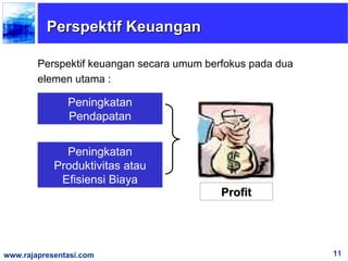 Perspektif Keuangan

        Perspektif keuangan secara umum berfokus pada dua
        elemen utama :

               Peningkatan
               Pendapatan


              Peningkatan
            Produktivitas atau
             Efisiensi Biaya
                                           Profit




www.rajapresentasi.com                                      11
 