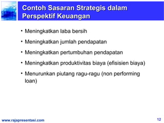 Contoh Sasaran Strategis dalam
          Perspektif Keuangan

         • Meningkatkan laba bersih
         • Meningkatkan jumlah pendapatan
         • Meningkatkan pertumbuhan pendapatan
         • Meningkatkan produktivitas biaya (efisisien biaya)
         • Menurunkan piutang ragu-ragu (non performing
           loan)




www.rajapresentasi.com                                          12
 