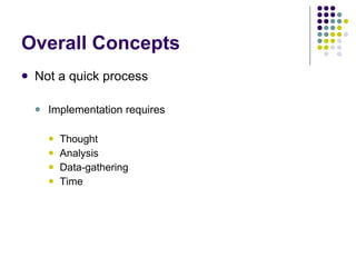 Overall Concepts Not a quick process Implementation requires Thought Analysis Data-gathering Time 