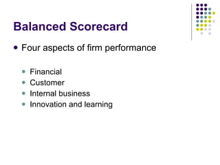 Balanced Scorecard Four aspects of firm performance Financial Customer Internal business Innovation and learning 