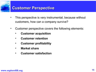 Customer Perspective This perspective is very instrumental, because without customers, how can a company survive? Customer perspective covers the following elements: Customer acquisition  Customer retention Customer profitability  Market share Customer satisfaction  