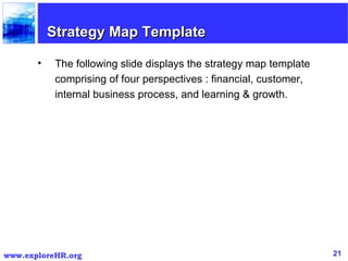 Strategy Map Template The following slide displays the strategy map template comprising of four perspectives : financial, customer, internal business process, and learning & growth. 