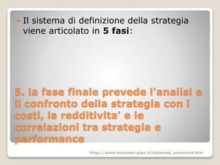 5. la fase finale prevede l'analisi e
il confronto della strategia con i
costi, la redditivita' e le
correlazioni tra strategia e
performance
 Il sistema di definizione della strategia
viene articolato in 5 fasi:
http://www.business-plan.it/balanced_scorecard.htm
 
