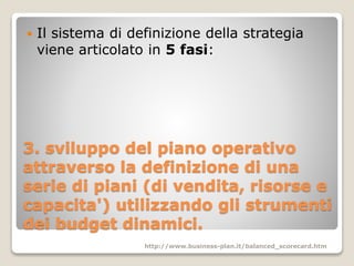 3. sviluppo del piano operativo
attraverso la definizione di una
serie di piani (di vendita, risorse e
capacita') utilizzando gli strumenti
dei budget dinamici.
 Il sistema di definizione della strategia
viene articolato in 5 fasi:
http://www.business-plan.it/balanced_scorecard.htm
 