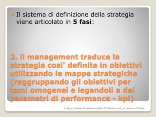 2. il management traduce la
strategia cosi' definita in obiettivi
utilizzando le mappe strategiche
(raggruppando gli obiet...