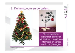 1. De kerstboom en de ballen…




                                     Teveel prestatie-
                                  indicatoren gebruiken
                                leidt tot een overkill aan
                                   informatie en verlies
                                  van focus (strategie).
© ICSB Marketing en Strategie                           42
 