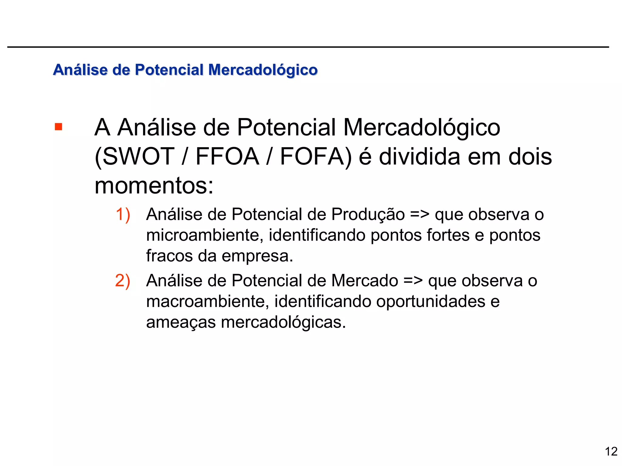 Análise de Potencial Mercadológico


    A Análise de Potencial Mercadológico
     (SWOT / FFOA / FOFA) é dividida em dois
     momentos:
       1) Análise de Potencial de Produção => que observa o
          microambiente, identificando pontos fortes e pontos
          fracos da empresa.
       2) Análise de Potencial de Mercado => que observa o
          macroambiente, identificando oportunidades e
          ameaças mercadológicas.




                                                                12
 