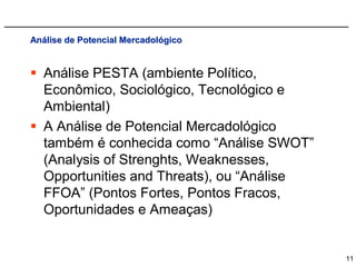 Análise de Potencial Mercadológico


 Análise PESTA (ambiente Político,
  Econômico, Sociológico, Tecnológico e
  Ambiental)
 A Análise de Potencial Mercadológico
  também é conhecida como “Análise SWOT”
  (Analysis of Strenghts, Weaknesses,
  Opportunities and Threats), ou “Análise
  FFOA” (Pontos Fortes, Pontos Fracos,
  Oportunidades e Ameaças)


                                            11
 