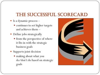 The Successful Scorecard
 Is a dynamic process –
   continues to set higher targets
    and achieves them –
 Define jobs strategically
   from the perspective of where
    it fits in with the strategic
    business goals
 Supports joint decision
   making about what you
    do/don’t do based on strategic
    goals
 