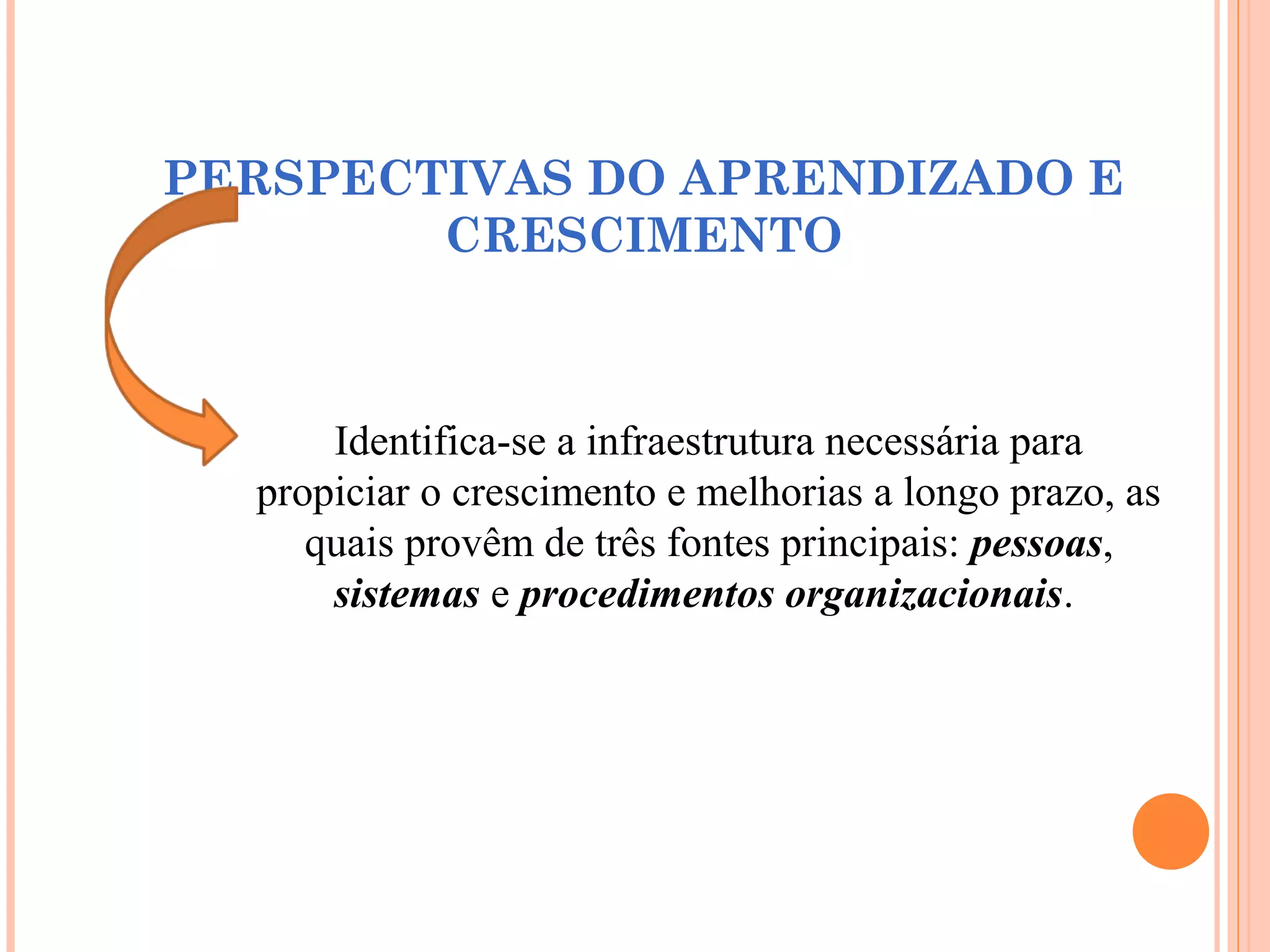 PERSPECTIVAS DO APRENDIZADO E
CRESCIMENTO
Identifica-se a infraestrutura necessária para
propiciar o crescimento e melhorias a longo prazo, as
quais provêm de três fontes principais: pessoas,
sistemas e procedimentos organizacionais.
 