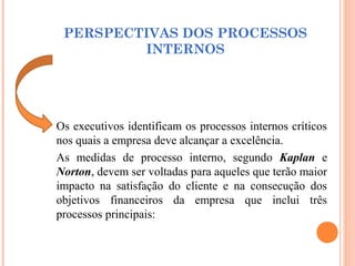 PERSPECTIVAS DOS PROCESSOS
INTERNOS
Os executivos identificam os processos internos críticos
nos quais a empresa deve alcançar a excelência.
As medidas de processo interno, segundo Kaplan e
Norton, devem ser voltadas para aqueles que terão maior
impacto na satisfação do cliente e na consecução dos
objetivos financeiros da empresa que inclui três
processos principais:
 