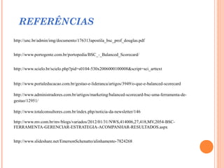 REFERÊNCIAS
http://unc.br/admin/img/documento/176313apostila_bsc_prof_douglas.pdf
http://www.portogente.com.br/portopedia/BSC_-_Balanced_Scorecard/
http://www.scielo.br/scielo.php?pid=s0104-530x2006000100008&script=sci_arttext
http://www.portaleducacao.com.br/gestao-e-lideranca/artigos/3949/o-que-e-balanced-scorecard
http://www.administradores.com.br/artigos/marketing/balanced-scorecard-bsc-uma-ferramenta-de-
gestao/12951/
http://www.totalconsultores.com.br/index.php/noticia-da-newsletter/146
http://www.mv.com.br/mv/blogs/variados/2012/01/31/NWS,414006,27,418,MV,2054-BSC-
FERRAMENTA-GERENCIAR-ESTRATEGIA-ACOMPANHAR-RESULTADOS.aspx
http://www.slideshare.net/EmersonSchenatto/alinhamento-7824268
 