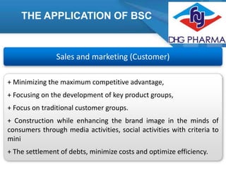 THE APPLICATION OF BSC

Sales and marketing (Customer)
+ Minimizing the maximum competitive advantage,
+ Focusing on the development of key product groups,
+ Focus on traditional customer groups.
+ Construction while enhancing the brand image in the minds of
consumers through media activities, social activities with criteria to
mini
+ The settlement of debts, minimize costs and optimize efficiency.

 