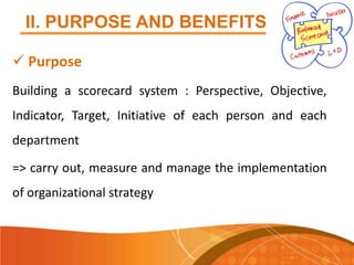 II. PURPOSE AND BENEFITS
 Purpose
Building a scorecard system : Perspective, Objective,
Indicator, Target, Initiative of each person and each
department
=> carry out, measure and manage the implementation
of organizational strategy

 