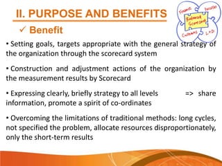 II. PURPOSE AND BENEFITS
 Benefit
• Setting goals, targets appropriate with the general strategy of
the organization through the scorecard system
• Construction and adjustment actions of the organization by
the measurement results by Scorecard
• Expressing clearly, briefly strategy to all levels
information, promote a spirit of co-ordinates

=> share

• Overcoming the limitations of traditional methods: long cycles,
not specified the problem, allocate resources disproportionately,
only the short-term results

 