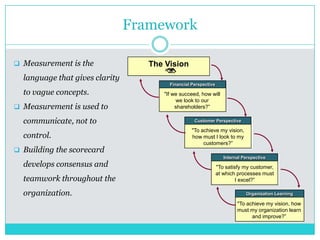 Framework
 Measurement is the
language that gives clarity
to vague concepts.
 Measurement is used to
communicate, not to
control.
 Building the scorecard
develops consensus and
teamwork throughout the
organization.
"If we succeed, how will
we look to our
shareholders?”
The Vision
Financial Perspective
"To achieve my vision,
how must I look to my
customers?”
Customer Perspective
"To satisfy my customer,
at which processes must
I excel?”
Internal Perspective
"To achieve my vision, how
must my organization learn
and improve?”
Organization Learning
 