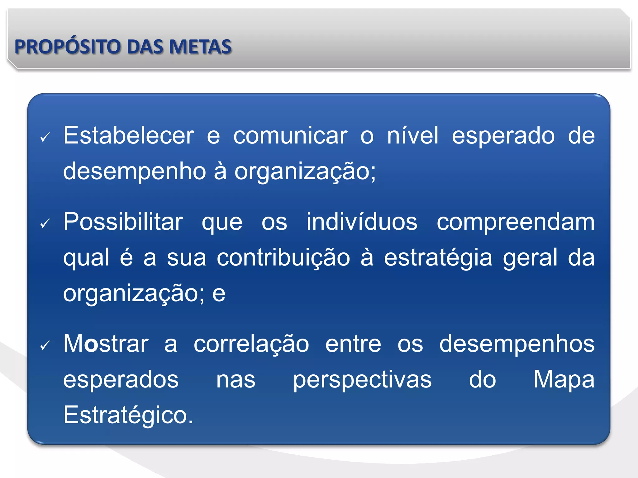 PROPÓSITO DAS METAS
 Estabelecer e comunicar o nível esperado de
desempenho à organização;
 Possibilitar que os indivíduos compreendam
qual é a sua contribuição à estratégia geral da
organização; e
 Mostrar a correlação entre os desempenhos
esperados nas perspectivas do Mapa
Estratégico.
 