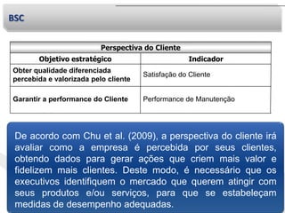 BSC
Performance de ManutençãoGarantir a performance do Cliente
Obter qualidade diferenciada
percebida e valorizada pelo cliente
IndicadorObjetivo estratégico
Perspectiva do Cliente
Satisfação do Cliente
De acordo com Chu et al. (2009), a perspectiva do cliente irá
avaliar como a empresa é percebida por seus clientes,
obtendo dados para gerar ações que criem mais valor e
fidelizem mais clientes. Deste modo, é necessário que os
executivos identifiquem o mercado que querem atingir com
seus produtos e/ou serviços, para que se estabeleçam
medidas de desempenho adequadas.
 
