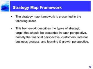 12
• The strategy map framework is presented in the
following slides.
• This framework describes the types of strategic
target that should be presented in each perspective,
namely the financial perspective, customers, internal
business process, and learning & growth perspective.
Strategy Map Framework
 