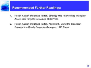 45
Recommended Further Readings:
1. Robert Kaplan and David Norton, Strategy Map : Converting Intangible
Assets into Tangible Outcomes, HBS Press
2. Robert Kaplan and David Norton, Alignment : Using the Balanced
Scorecard to Create Corporate Synergies, HBS Press
 