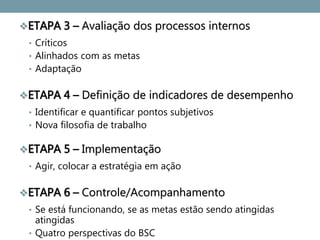 ETAPA 3 – Avaliação dos processos internos
• Críticos
• Alinhados com as metas
• Adaptação
ETAPA 4 – Definição de indicadores de desempenho
• Identificar e quantificar pontos subjetivos
• Nova filosofia de trabalho
ETAPA 5 – Implementação
• Agir, colocar a estratégia em ação
ETAPA 6 – Controle/Acompanhamento
• Se está funcionando, se as metas estão sendo atingidas
atingidas
• Quatro perspectivas do BSC
 