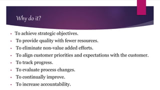 Why do it?
• To achieve strategic objectives.
• To provide quality with fewer resources.
• To eliminate non-value added efforts.
• To align customer priorities and expectations with the customer.
• To track progress.
• To evaluate process changes.
• To continually improve.
• To increase accountability.
 