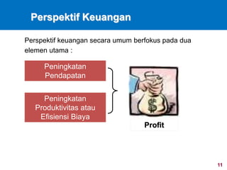 11
Perspektif Keuangan
Perspektif keuangan secara umum berfokus pada dua
elemen utama :
Peningkatan
Pendapatan
Peningkatan
Produktivitas atau
Efisiensi Biaya
Profit
 