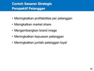 16
Contoh Sasaran Strategis
Perspektif Pelanggan
• Meningkatkan profitabilitas per pelanggan
• Meingkatkan market share
• Mengembangkan brand image
• Meningkatkan kepuasan pelanggan
• Meningkatkan jumlah pelanggan loyal
 