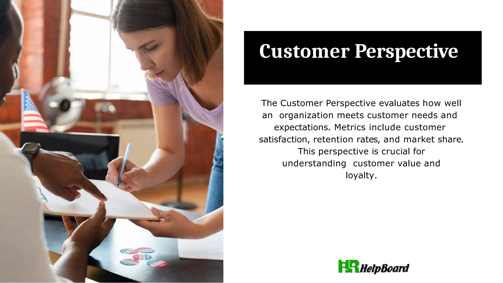 Customer Perspective
The Customer Perspective evaluates how well
an organization meets customer needs and
expectations. Metrics include customer
satisfaction, retention rates, and market share.
This perspective is crucial for
understanding customer value and
loyalty.
 