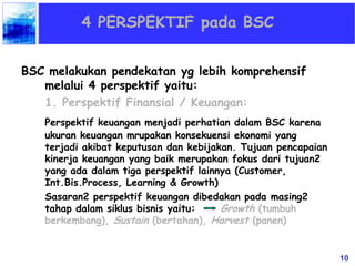 10
4 PERSPEKTIF pada BSC
BSC melakukan pendekatan yg lebih komprehensif
melalui 4 perspektif yaitu:
1. Perspektif Finansial / Keuangan:
Perspektif keuangan menjadi perhatian dalam BSC karena
ukuran keuangan mrupakan konsekuensi ekonomi yang
terjadi akibat keputusan dan kebijakan. Tujuan pencapaian
kinerja keuangan yang baik merupakan fokus dari tujuan2
yang ada dalam tiga perspektif lainnya (Customer,
Int.Bis.Process, Learning & Growth)
Sasaran2 perspektif keuangan dibedakan pada masing2
tahap dalam siklus bisnis yaitu: Growth (tumbuh
berkembang), Sustain (bertahan), Harvest (panen)
 