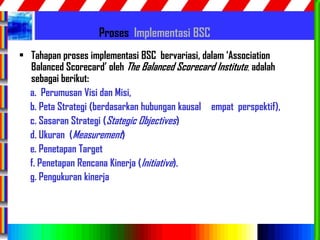 65
Proses Implementasi BSC
• Tahapan proses implementasi BSC bervariasi, dalam „Association
Balanced Scorecard‟ oleh The Balanced Scorecard Institute, adalah
sebagai berikut:
a. Perumusan Visi dan Misi,
b. Peta Strategi (berdasarkan hubungan kausal empat perspektif),
c. Sasaran Strategi (Stategic Objectives)
d. Ukuran (Measurement)
e. Penetapan Target
f. Penetapan Rencana Kinerja (Initiative).
g. Pengukuran kinerja
 