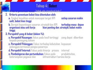 77
Tahap 4: Bobot
1. Kriteria penentuan bobot “tidak ada standard baku”
2. Kriteria penentuan bobot bisa ditentukan oleh:
a. Tingkat kesulitan untuk mencapai target KPI setiap sasaran makin
sulit, bobot kian tinggi
b. Derajat kepentingan sasaran stratejik dan KPI terhadap masa depan
organisasi atau unit kerja kian penting dan stratejik, bobot makin
tinggi.
3. Perspektif yang di bobot (dalam %):
a. Perspektif Keuangan: fokus pada hasil tertinggi yang dapat diberikan
kepada pemegang saham
c. Perspektif Pelanggan: Fokus terhadap kebutuhan kepuasan
pelanggan,termasuk pangsa pasarnya
d. Perspektif Internal: Fokus pada kinerja proses internal
e. Pembelajaran dan pertumbuhan: Fokus pada produktivitas,
keterampilan pegawai dan infrastruktur/sarana kerja
 