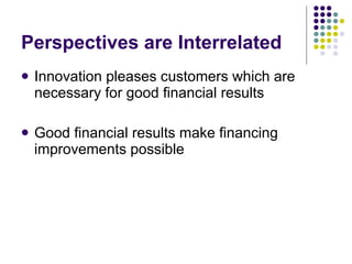 Perspectives are Interrelated Innovation pleases customers which are necessary for good financial results Good financial results make financing improvements possible 