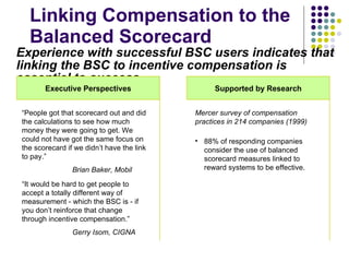 Linking Compensation to the Balanced Scorecard Experience with successful BSC users indicates that linking the BSC to incentive compensation is essential to success Executive Perspectives Supported by Research “ People got that scorecard out and did the calculations to see how much money they were going to get. We could not have got the same focus on the scorecard if we didn’t have the link to pay.” Brian Baker, Mobil “ It would be hard to get people to accept a totally different way of measurement - which the BSC is - if you don’t reinforce that change through incentive compensation.” Gerry Isom, CIGNA Mercer survey of compensation practices in 214 companies (1999) 88% of responding companies consider the use of balanced scorecard measures linked to reward systems to be effective. 