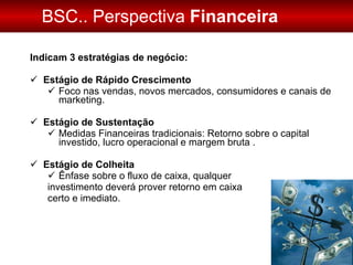 BSC.. Perspectiva  Financeira Indicam 3 estratégias de negócio: Estágio de Rápido Crescimento Foco nas vendas, novos mercados, consumidores e canais de marketing. Estágio de Sustentação Medidas Financeiras tradicionais: Retorno sobre o capital investido, lucro operacional e margem bruta . Estágio de Colheita Ênfase sobre o fluxo de caixa, qualquer  investimento deverá prover retorno em caixa  certo e imediato. 