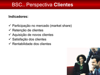 BSC.. Perspectiva  Clientes Indicadores: Participação no mercado (market share) Retenção de clientes Aquisição de novos clientes Satisfação dos clientes Rentabilidade dos clientes  
