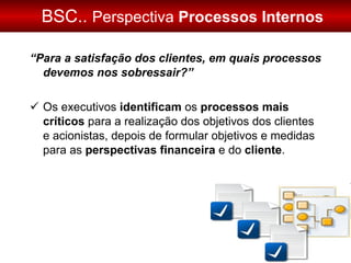 BSC..  Perspectiva  Processos Internos “ Para a satisfação dos clientes, em quais processos devemos nos sobressair?” Os executivos  identificam  os  processos mais críticos  para a realização dos objetivos dos clientes e acionistas, depois de formular objetivos e medidas para as  perspectivas financeira  e do  cliente . 