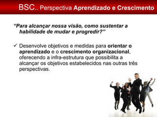 BSC .. Perspectiva  Aprendizado e Crescimento “ Para alcançar nossa visão, como sustentar a habilidade de mudar e progredir?” Desenvolve objetivos e medidas para  orientar o aprendizado  e o  crescimento organizacional , oferecendo a infra-estrutura que possibilita a alcançar os objetivos estabelecidos nas outras três perspectivas. 